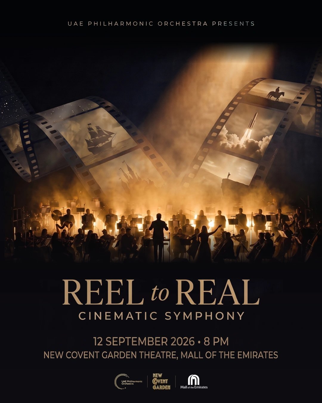 Reel to Real Cinematic Symphony poster showing orchestra performing with film reels and dramatic lighting, UAE Philharmonic Orchestra event on September 12 2026