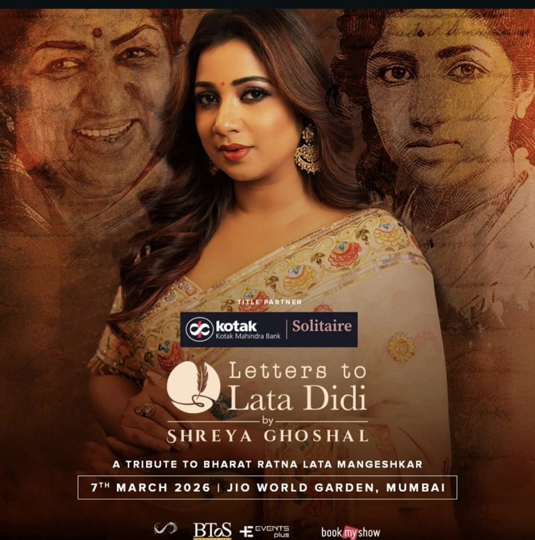 Poster for Letters to Lata Didi film featuring actress Shreya Ghoshal, a tribute to Bharat Ratna Lata Mangeshkar, premiering March 7 2026 at JIO World Garden Mumbai