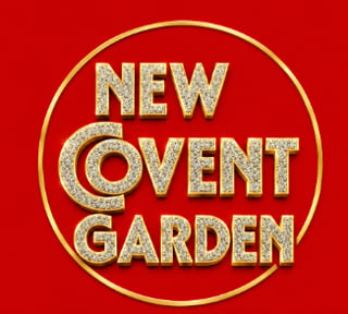 Gold and glitter text reading New Covent Garden on a red background with circular border