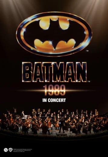 Batman 1989 In Concert poster featuring the iconic bat logo, title text, and orchestra performing below