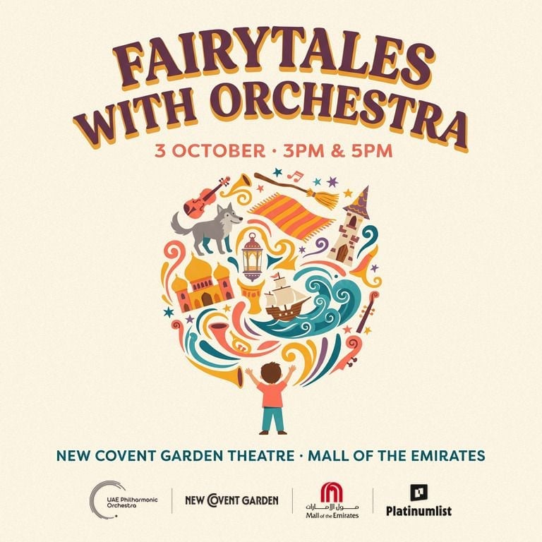 Poster for Fairytales with Orchestra event on October 3 at New Covent Garden Theatre, Dubai, featuring colorful musical and fairytale illustrations.