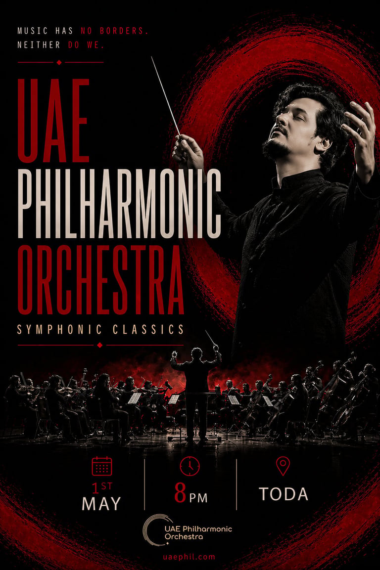 UAE Philharmonic Orchestra promotional poster featuring conductor with baton, red circular backdrop, and orchestra silhouette below