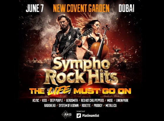Sympho Rock Hits concert poster for June 7 at New Covent Garden Dubai, featuring musicians performing with rock band logos listed