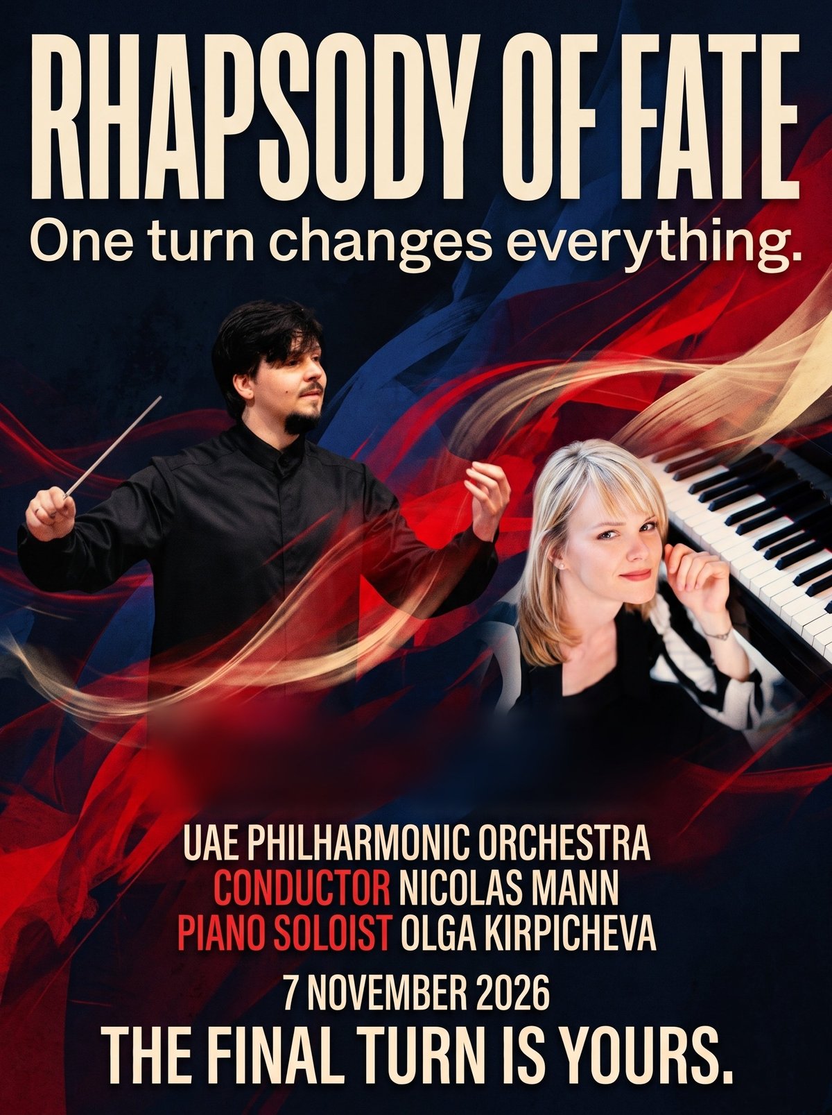 Rhapsody of Fate concert poster featuring UAE Philharmonic Orchestra with conductor Nicolas Mann and pianist Olga Kirpicheva on November 7, 2026